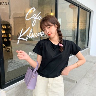 Kans เสื้อครอปท็อป คอกลม แขนสั้น สีพื้น เรียบง่าย แฟชั่นฤดูร้อน สําหรับผู้หญิง