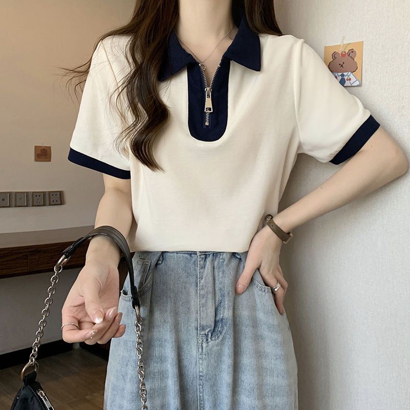 Breezeเสื้อครอปท็อปแขนสั้นแบบเข้ารูปสไตล์เกาหลี แฟชั่นฤดูร้อน สําหรับผู้หญิงซิปคอโปโลแขนสั้นเสื้อยืด (จัดส่ง 24 ชั่วโมง