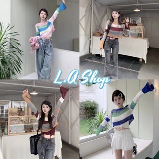 L.A Shop พร้อมส่ง เซ็ต เสื้อครอปไหมพรม+เสื้อคล้องคอ ลายทาง 3สี "6588+6588-1" -C