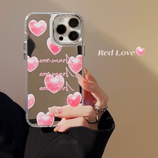 เคสโทรศัพท์มือถือแบบแข็ง ชุบไฟฟ้า ลายหัวใจ สีชมพู พร้อมกระจก สําหรับ iPhone 13 13Pro 13promax 11 11promax 12 12Pro 12promax 14 14Pro 14promax