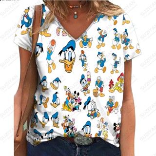 Disney เสื้อยืดแขนสั้น คอวี พิมพ์ลายดิสนีย์ มิกกี้ มินนี่เมาส์ 3 มิติ เหมาะกับฤดูร้อน สําหรับผู้หญิง 2023