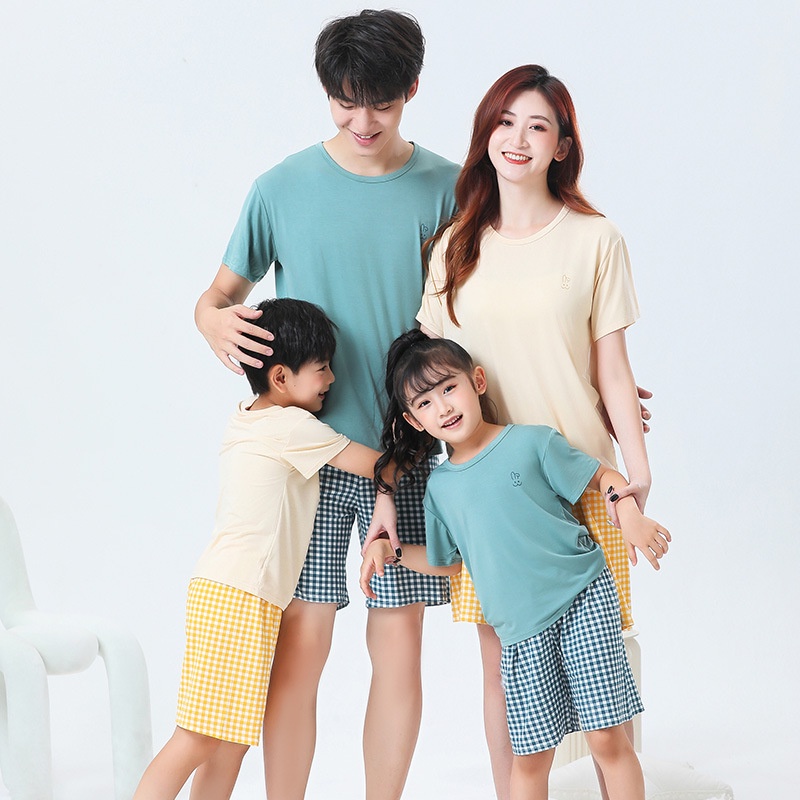 【YAOEENH】ชุดนอนแขนสั้น กางเกงขาสั้น ลายสก๊อต สีพื้น สําหรับแม่ และลูก ขนาด 90-180 ซม.