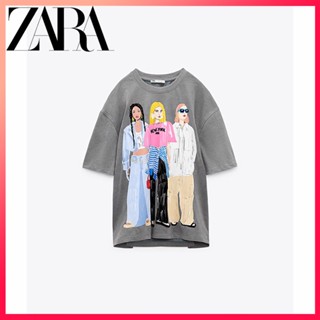 Zara ใหม่ เสื้อยืดลําลอง แขนสั้น คอกลม พิมพ์ลาย สําหรับสตรี