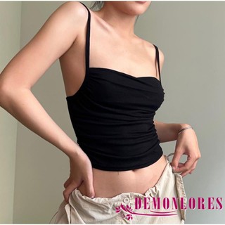 Demonlores- เสื้อครอปท็อป สายสปาเก็ตตี้ สีพื้น แฟชั่นฤดูร้อน สําหรับผู้หญิง ใส่ไปคลับ