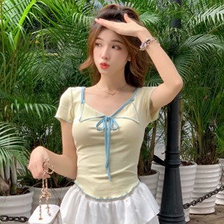 เสื้อคอปก แบบผูกเชือก ทรงสลิมฟิต สีตัดกัน แฟชั่นฤดูร้อน