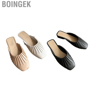 Boingek Backless Flat Slides  Summer Heel Slippers Slip Proof Fashionable Soft Close Toe Pleated for Outdoor Women