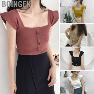 Boingek Women Sleeveless Top Short Tank Knit Korean Style Cloth Single Breasted for Spring Daily Wear