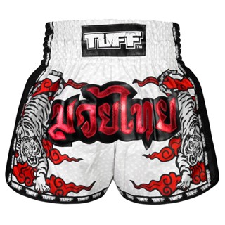 กางเกงซ้อมมวยกางเกงมวย กางเกงมวยไทย กางเกงกีฬา TUFF Muay Thai Boxing Shorts White Retro Style Double Tiger With Red Text