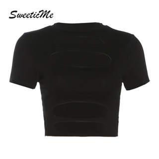 Sweeticme เสื้อยืดแขนสั้นลําลอง เข้ารูป แต่งรูกลวง สีพื้น เซ็กซี่ แฟชั่นสําหรับสตรี 2023