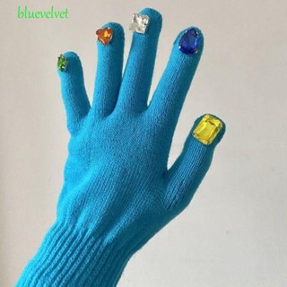 BLUEVELVET ถุงมือ ผ้าวูลถัก ประดับพลอยเทียม ให้ความอบอุ่น สุ่มสี แฟชั่นฤดูหนาว สําหรับผู้หญิง