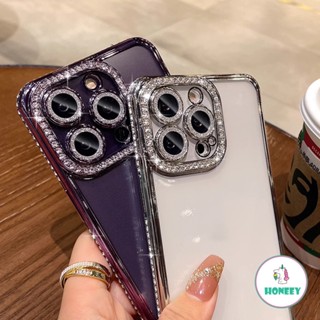 เคสโทรศัพท์มือถือ ป้องกันเลนส์ ประดับเพชร พลอยเทียม หรูหรา สําหรับ iPhone 14 Pro Max 12 13 14 11 Pro Max