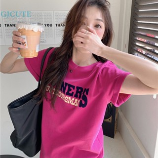 Gjcute เสื้อยืดลําลอง แขนสั้น คอกลม พิมพ์ลายตัวอักษร ทรงหลวม แฟชั่นฤดูร้อน สําหรับสตรี WTD