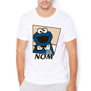 เสื้อยืดลําลอง แขนสั้น พิมพ์ลาย Sesame Elmo Cookie Om Nom สีขาว แฟชั่นสําหรับผู้ชาย