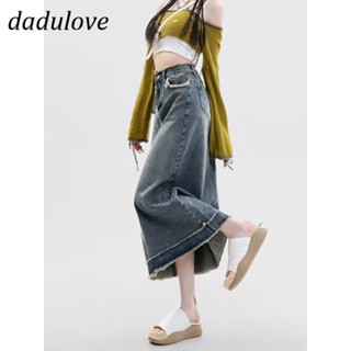 DaDulove💕 New Korean Version of INS Retro Raw Edge Denim Skirt Niche High Waist A- line Skirt Package Hip Skirt