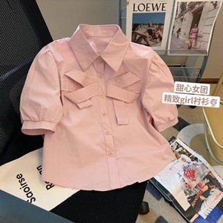 Pink Bow Polo Collar Short-sleeved Shirt Womens 2023 Summer New French Age-reducing Western Style Puff Sleeve Shirt