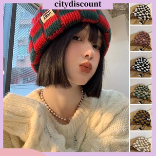 &lt;citydiscount&gt; หมวกถักนิตติ้ง หนา ยืดหยุ่น ไม่เป็นรอย ลายสก๊อต หมากรุก ฤดูหนาว สําหรับผู้หญิง