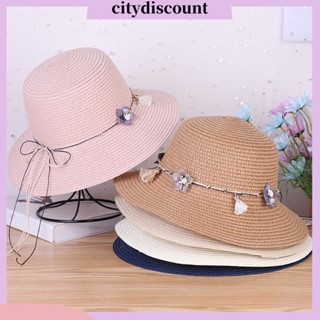 &lt;citydiscount&gt; หมวกฟางสาน ลายดอกไม้ ทรงกลม สีพื้น กันแดด ระบายอากาศ สไตล์เกาหลี สําหรับผู้หญิง