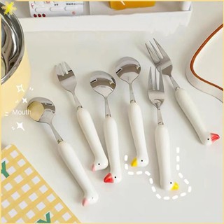 [LBE] Creative Cute Goose Head Tableware Set 2pcs Portable Ceramic Handle Stainless Steel Spoon Fork