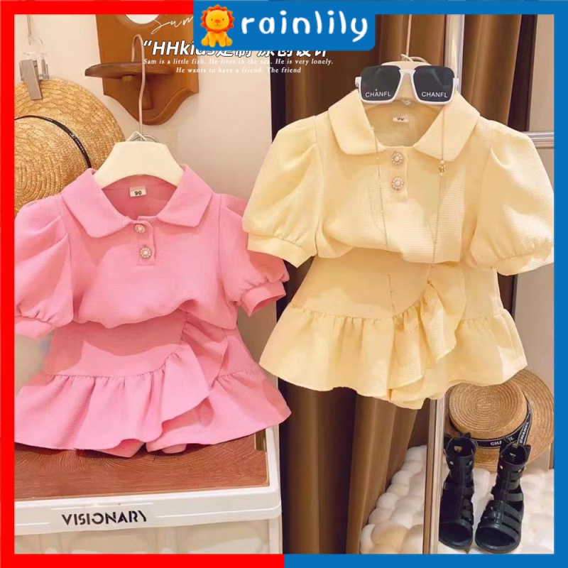 ชุดเสื้อยืดแขนสั้น กระโปรงสั้น สองชิ้น น่ารัก แฟชั่นฤดูร้อน สําหรับเด็กผู้หญิง