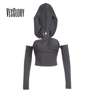 Vesglory เสื้อยืด แขนยาว มีฮู้ด สีพื้น แฟชั่น สําหรับผู้หญิง 2023