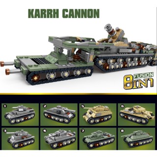 ใหม่ ชุดของเล่นตัวต่อ โมเดลรถถัง MOC WW2 8in1 Heavy Gustav Karl Cannon T34 T38 Stug Tiger M4 Sherman M26 KV1 DIY 1475 ชิ้น