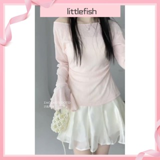 [littlefish] เสื้อท็อป ผ้าถักนิตติ้ง ทรงหลวม สีชมพู โมโนโลญจ์ และกระโปรงสั้น เหมาะกับฤดูร้อน หรูหรา สไตล์หวานแหวว เข้ารูป ขนาดใหญ่ สําหรับผู้หญิง