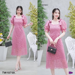 💗พร้อมส่ง   เดรสลูกไม้คอเหลี่ยมแขนตุ๊กตา ผูกโบว์ไหล่ ชุดเซ็ท ชุดไปทะเล ชุดเดรส เสื้อผ้าสาวอวบ ไซส์ใหญ่ ทำงาน