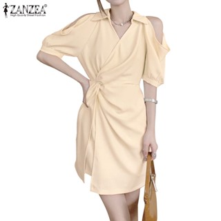 Zanzea ชุดมินิเดรส แขนสั้น คอปก สีพื้น แฟชั่นเกาหลี สําหรับผู้หญิง