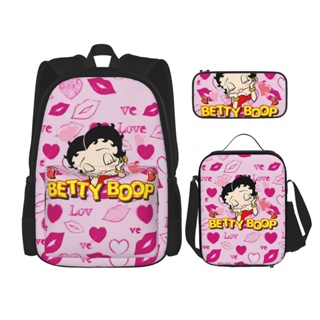 3 in 1 Betty Boop กระเป๋าเป้สะพายหลัง ใส่หนังสือ พร้อมกระเป๋าใส่กล่องอาหารกลางวัน ดินสอ พิมพ์ลาย สําหรับเดินทาง