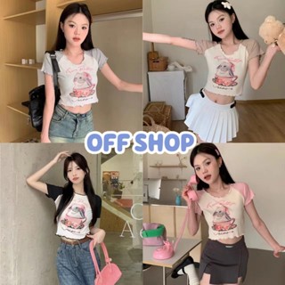 OFF SHOP พร้อมส่ง (OFF-67043) เสื้อไหมพรมแขนสั้น ครอปสั้น ขอบเสื้อหยักสีพาสเทล ลายกระต่าย