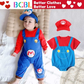 Bcbl ชุดจั๊มสูท รอมเปอร์ แขนสั้น ลาย Super Mario สีฟ้า สําหรับเด็กผู้ชาย