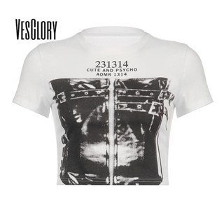 Vesglory เสื้อครอปท็อป คอกลม แขนสั้น พิมพ์ลาย สีตัดกัน เซ็กซี่ สําหรับผู้หญิง 2023