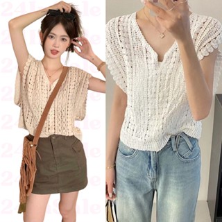 โปรดีๆ🔖ลด 80% เสื้อคอวีแขนกุดทรงกว้าง ไหมพรมถัก ไม่มีกระดุม 2 สี