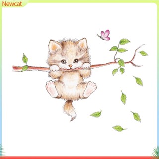 {Newcat} สติกเกอร์ติดผนัง ลายการ์ตูนแมว กิ่งไม้ ผีเสื้อ สําหรับห้องนอน ห้องนั่งเล่น