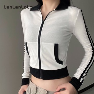 Lanlanlolo เสื้อแจ็กเก็ตลําลอง แขนยาว คอปก มีซิป สีตัดกัน สําหรับผู้หญิง 2023