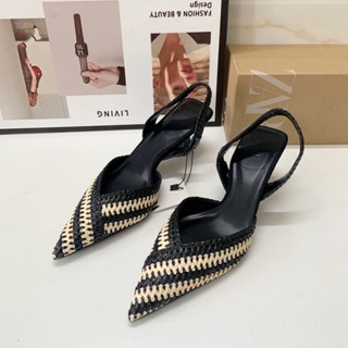 【พร้อมส่ง】Zaraф รองเท้าแตะถัก ปลายแหลม สไตล์ฝรั่งเศส ระดับไฮเอนด์ พร้อมสายรัดด้านหลัง แฟชั่นสําหรับผู้หญิง