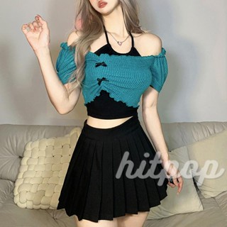 Hitpop- เสื้อครอปท็อปแขนสั้น เปิดไหล่ ประดับโบว์ สีพื้น เหมาะกับฤดูร้อน สําหรับผู้หญิง