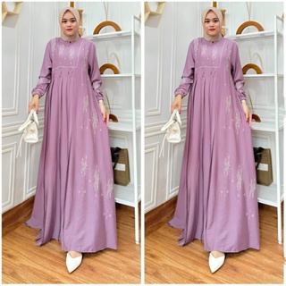 - Karina Dress Maxy Muslim Women Matt Polo Linen Apk Embroidery Premium Modern Lebaran Gamis