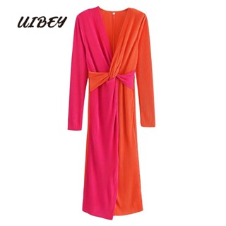 Uibey ชุดเดรสแขนยาว คอวี จับคู่สี แฟชั่น 23149