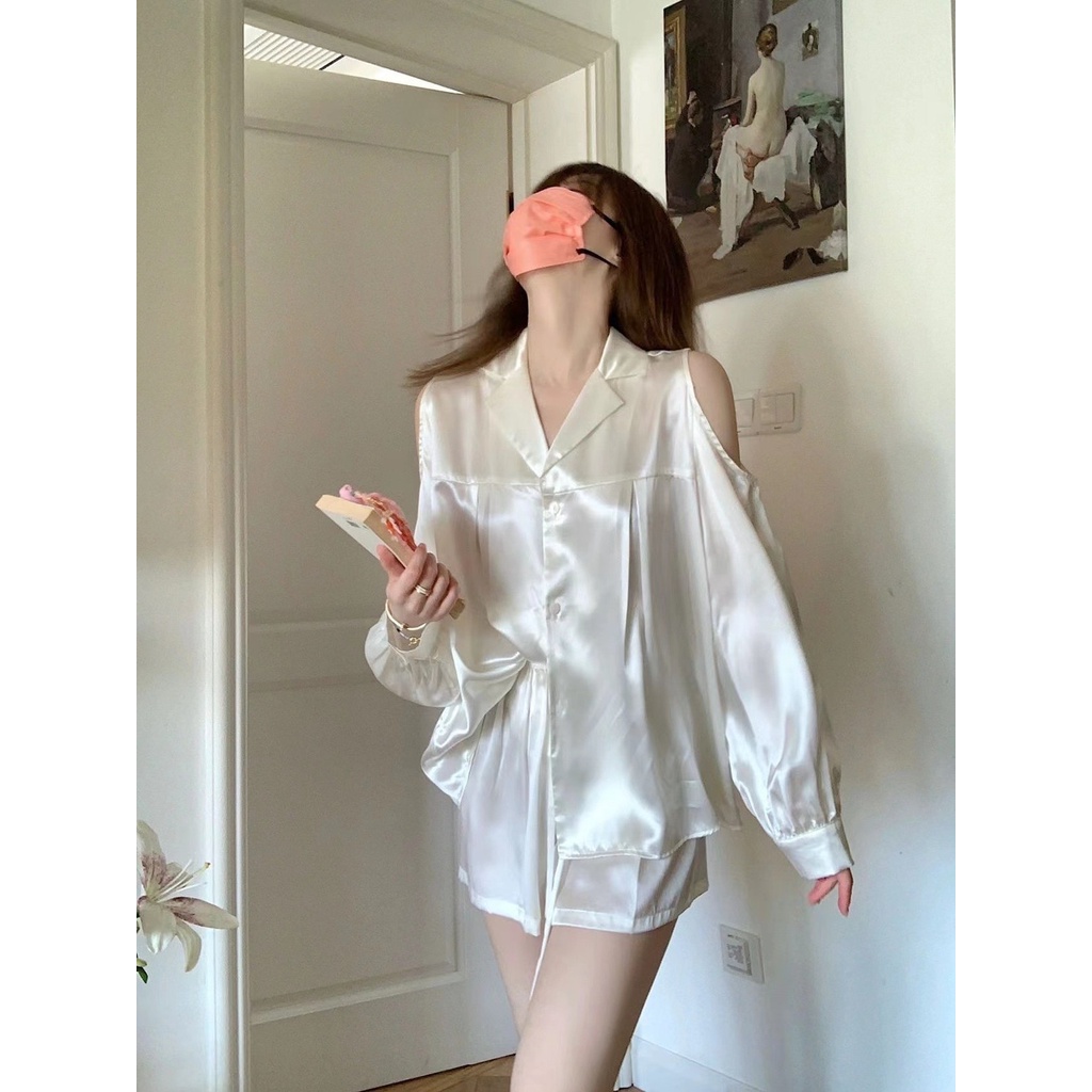 🌙🌈ชุดนอน เสื้อคาร์ดิแกน แขนยาว ผ้าเรยอน และผ้าซาติน สุดเซ็กซี่ ตัวสั้น สําหรับผู้หญิง