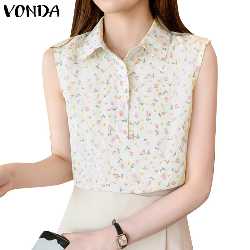 Vonda เสื้อเชิ้ต คอปก แขนกุด พิมพ์ลายดอกไม้ สไตล์เกาหลี สําหรับผู้หญิง