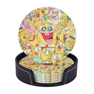 Spongebob SquarePants ที่รองแก้วหนัง ทรงกลม (6 ชิ้น) ป้องกันคราบและป้องกันน้ําร้อนลวก เหมาะสําหรับร้านอาหาร ห้องครัว สํานักงาน ฯลฯ