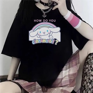 Kawaii Anime Sanrio ของเล่นตุ๊กตา Cinnamoroll ผู้หญิงเสื้อยืดผ้าฝ้ายการ์ตูนแขนสั้น Y2K Tops สาวคู่ Harajuku เสื้อยืด