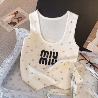 Miumiu เสื้อกล้าม ผ้าถัก ประดับเพชร คุณภาพสูง