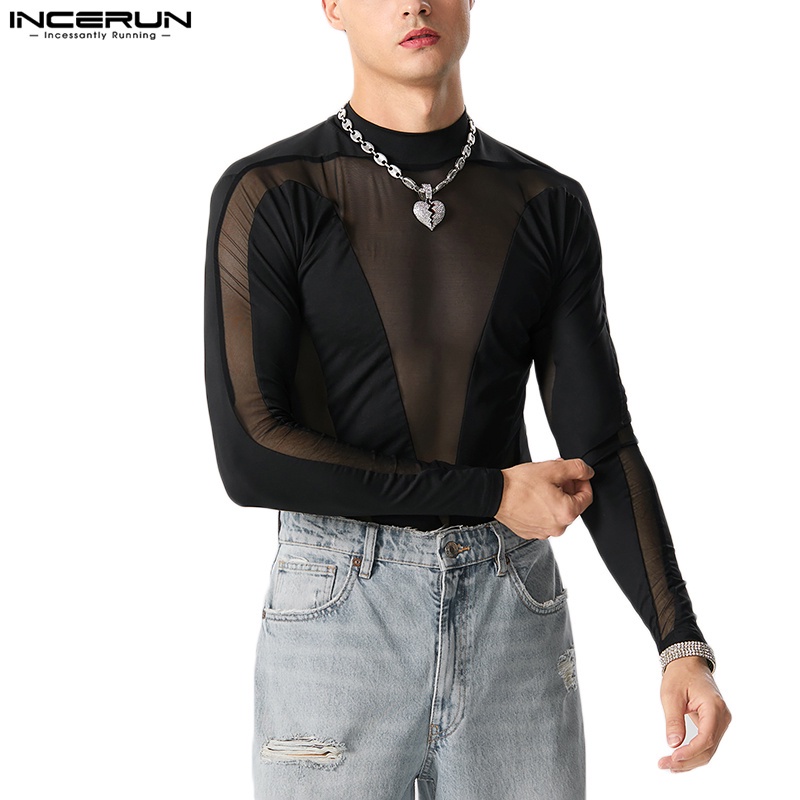 Incerun ชุดจั๊มสูท คอกลม แขนยาว ผ้าตาข่าย สีพื้น สไตล์เซ็กซี่ แฟชั่นสําหรับผู้ชาย