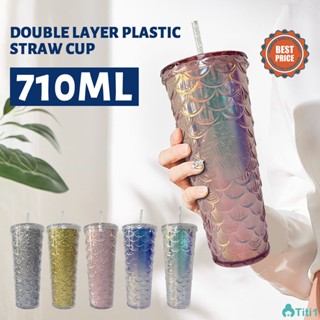 710ml/24oz Starbucks Mermaid Scales Cup Fish Scale Cup Tumbler ถ้วยฟางพลาสติกสองชั้น TH1