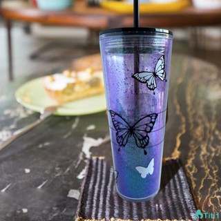 แก้ว Starbucks Black Double Layer Plastic Fantasy Flying Butterfly Design Straw Cup 710ml/24oz TH1