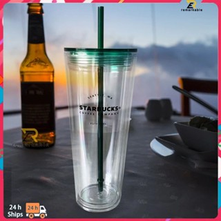 พร้อมส่ง Starbucks Tumbler Cup Classic แก้วสตาร์บัคส์ 2 ชั้น ถ้วยใส Pp Plastic Straw Design Comfort Straw Cup 710ml/24oz excellent_th