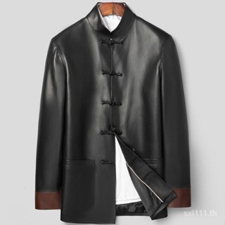 [New autumn] Haining stand collar Tang suit leather coat Chinese style leather leather coat mens leather jacket mens leather coat sheep leather coat TWL4