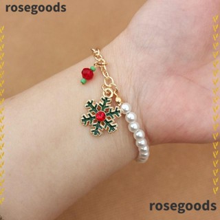 Rosegoods1 กําไลข้อมือ ประดับจี้ไข่มุกเทียม รูปซานตาคลอส คริสต์มาส ปรับได้ เครื่องประดับแฟชั่น 2 ชิ้น